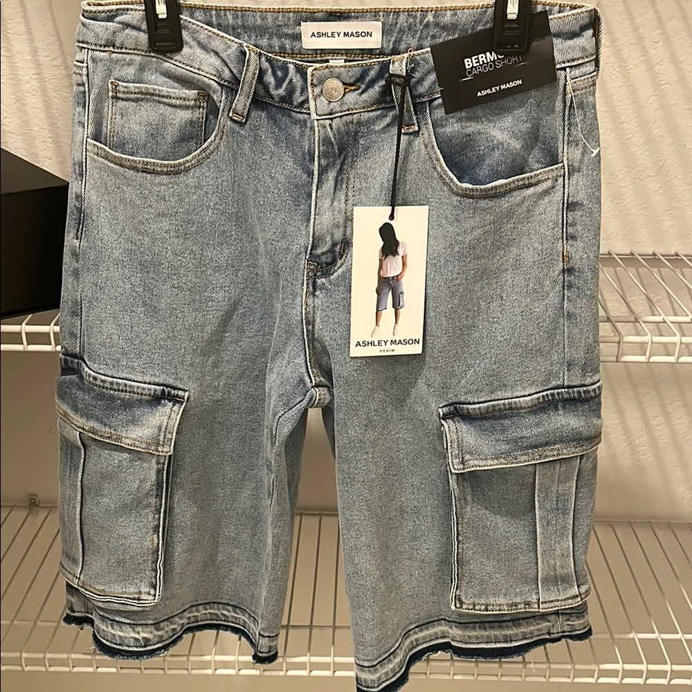 Ashley Mason Blue Denim Cargo Shorts for Men